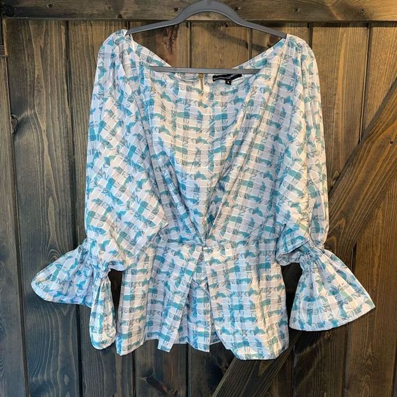 NWT Kimberly Goldson Sola Plaid Bell Sleeve Blouse - Picture 4 of 8